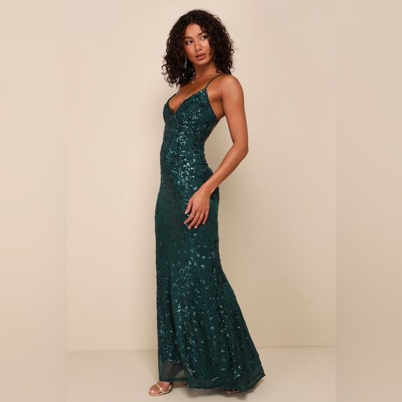 NWOT Lulus Photo Finish Forest Green Sequin Lace-Up Maxi Dress - Picture 3 of 9
